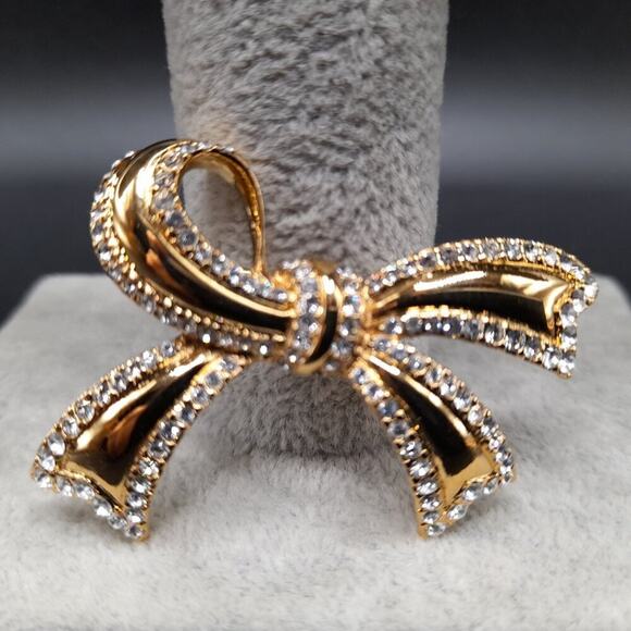 Vintage Monet Rhinestone Bow Brooch, Gold Plated, 1 1/2 Inches - Picture 2 of 9